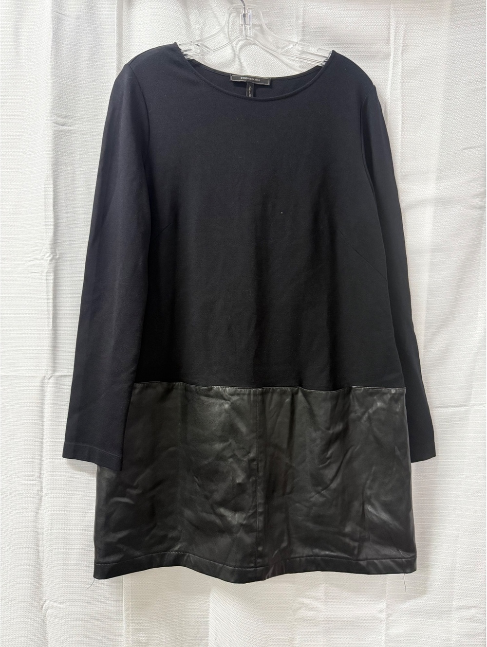 BCBGMAXAZRIA Black Long Sleeve Dress with Faux Leather Skirt Detail Size L